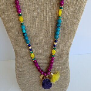 New Directions Beaded Druzy Necklace 30" Aqua, Magenta, Yellow Gold Findings